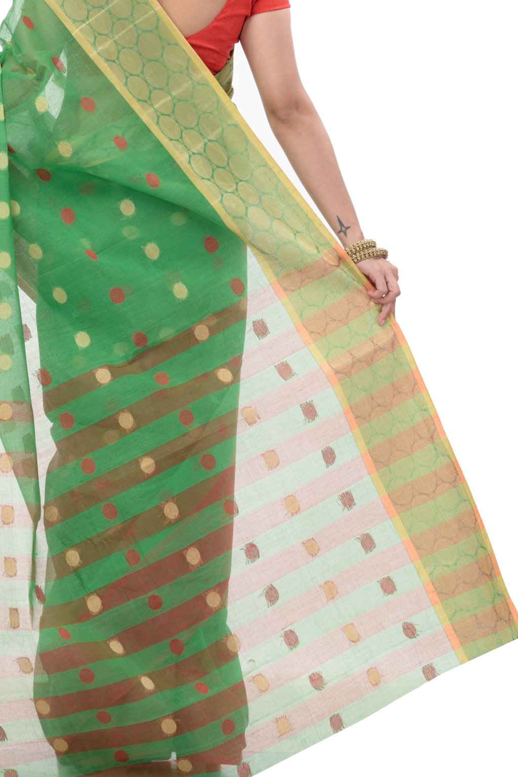 Green Pure Cotton Ganga Jamuna Tant Saree (2558)
